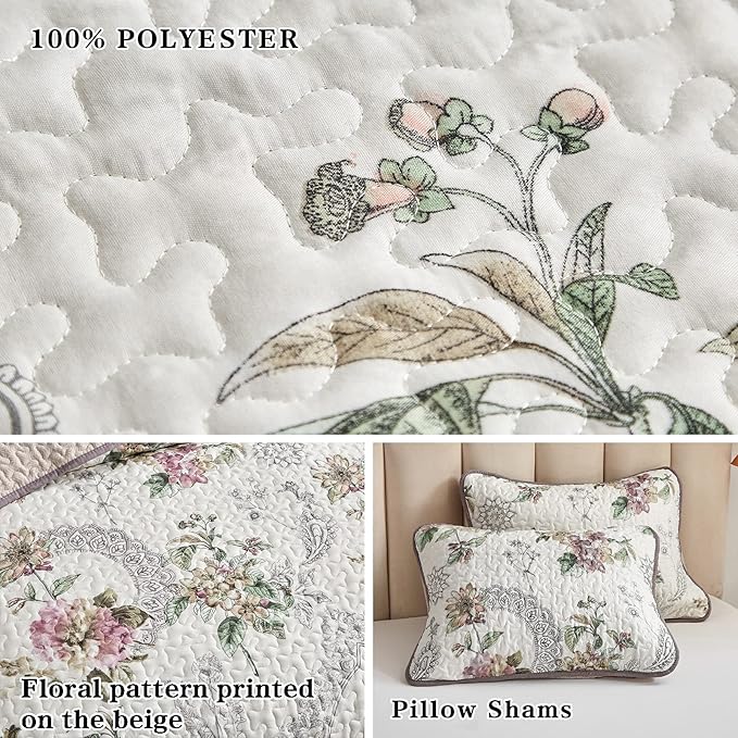Flysheep 3 Pieces Quilt Set Full/Queen Size, Beige Floral Reversible Bedspread Coverlet Set, Soft Microfiber Lightweight Bed Cover for All Season (90" x 90", 1 Quilt+ 2 Pillow Shams)