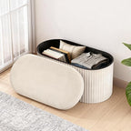 GLAXYFUR Oval Storage Ottoman Bench, Velvet Foot Rest, 30 Inch Folding Chest for Living Room, Bedroom, Beige