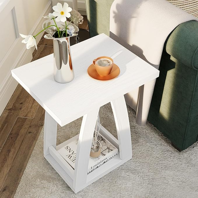 End Tables Living Room, Side Table Beside Sofa, Nightstand for Bedroom, Couch Side Table with Shelf, Modern End Table for Living Room, White End Table Set of 2
