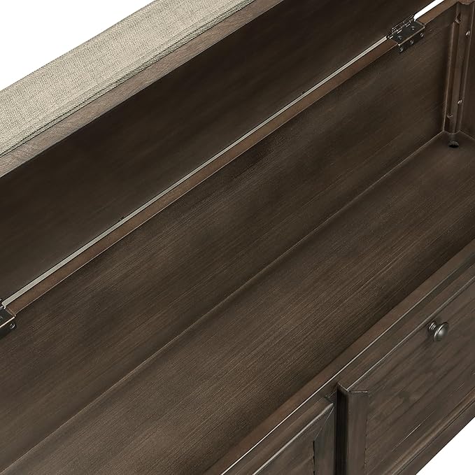 OSP Home Furnishings Dover Coastal Lift-Top Storage Bench with Shutter Face Styling, Dark Walnut Finish with Beige Fabric Cushion