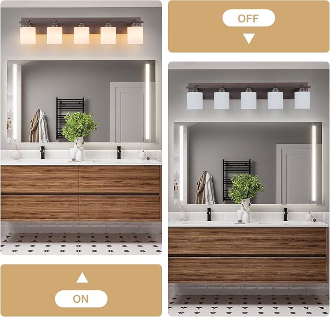 5 Light Modern Bathroom Light Fixtures Over Mirror, Bronze Finish Vanity Lights for Bathroom Wall Sconces with Milky White Glass Shades, E26 Socket (Bulbs Not Included)