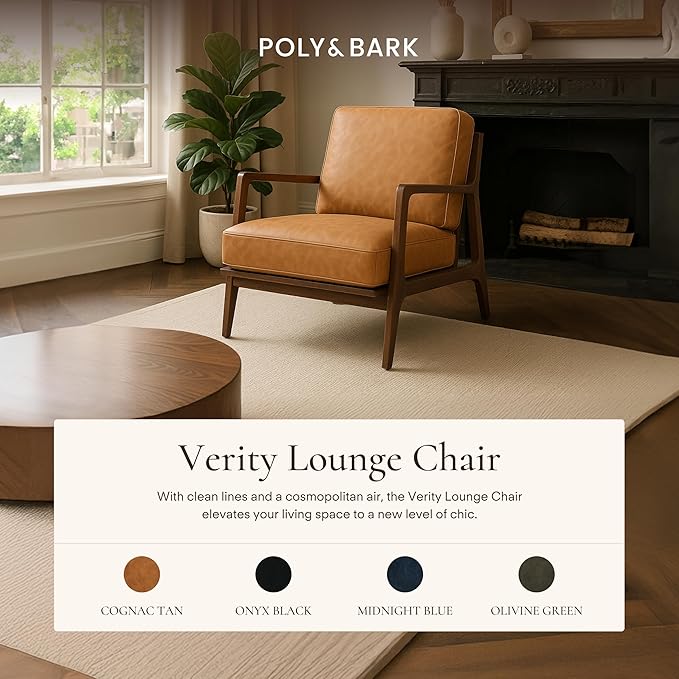 Poly & BARK Verity Leather Accent Chair – Armchair with Walnut Wood Frame – Fashion-Forward Lounge Seating for Living Room – Upholstered in Cognac Tan Leather for Modern Style