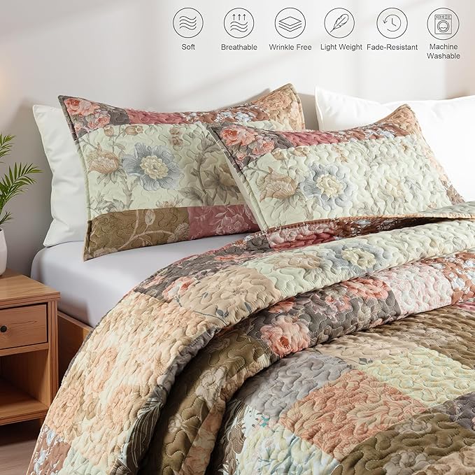 Whale Flotilla Patchwork Quilt King Size, Soft Boho Floral Bedspreads for Bed Reversible Lightweight King Quilt Bedding Set Coverlets with 2 Pillow Shams for All Seasons, Vintage Red Flowers