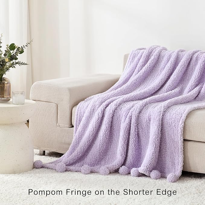 HORIMOTE HOME Ultra Soft Cozy Sherpa Throw Blanket with Pompom Fringe, Light Weight Warm Decorative Boho Style Plush Throw Blanket Cover for Couch, Sofa, Bedroom,Travel, Outdoor, 60”x80”, Purple