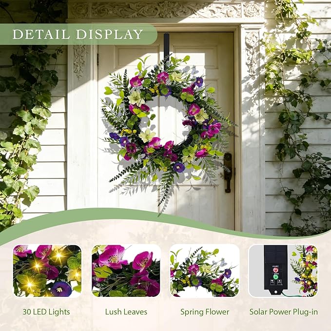 Solar Spring Wreath for Front Door Pre-lit 24inch 50LED Wreaths Spring Summer Decor for Outside Aftificial Wreaths Purple Morning Glory Wreath for Wall Festival Farmhouse Decor(2405)