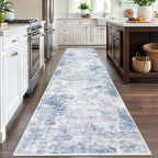 IOHOUZE Abstract Runner Rug 3x12 Ft Washable Runners for Hallways, Non Slip Kitchen Runner Printed Faux Wool Entryway Runner Indoor, Modern Abstract Floor Carpet for Hall Kitchen, Light Blue White