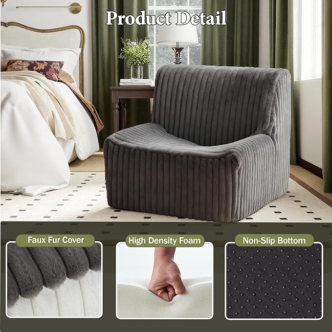 Trenda 32'' Boneless Chair, Super Comfy Bedroom Accent Chair, Sofa Chair, Soft Faux Fur Cover Floor Couch for Living Room,College, Dorm to Reading& Gaming(Grey)