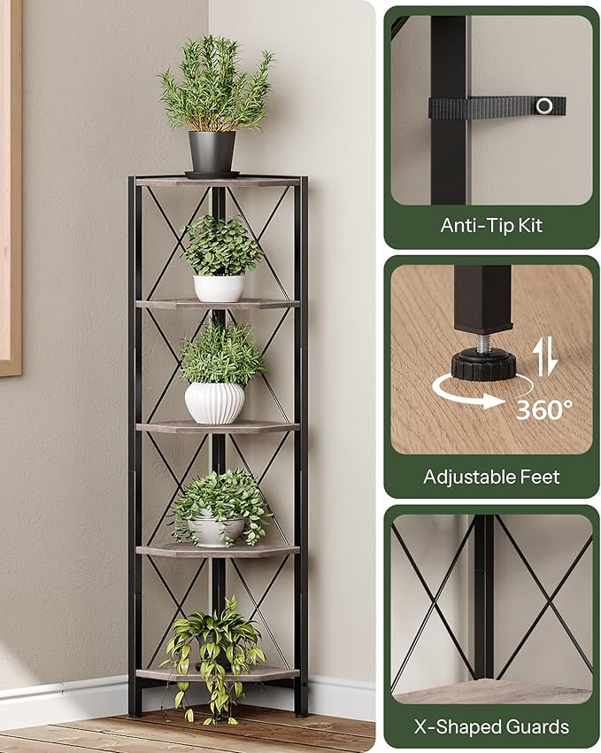 5-Tier Corner Shelf, Corner Bookcase, 55.2" Tall Vertical Display Rack, Plant Stand, Open Storage Shelf, for Living Room, Bedroom, Study, Kitchen, Greige and Black TCJ12BG