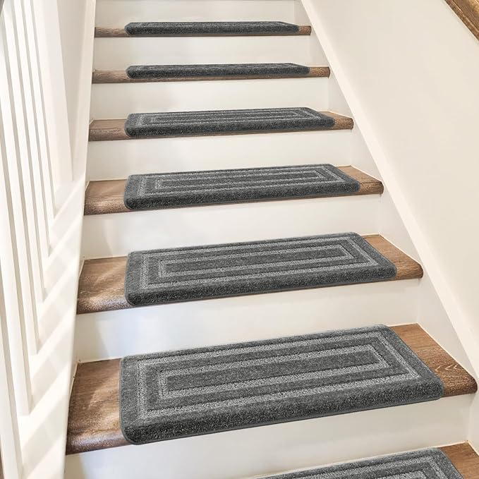 PURE ERA Bullnose Carpet Stair Treads Set Tape Free Non-Slip Indoor Stair Protectors Pet Friendly Rugs 9.5" x 30"(7 Pieces,Grey Rectangular)