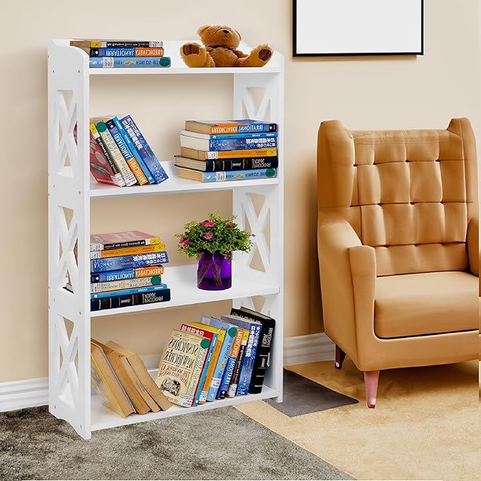 White Bookcase by Natural Wood, 4 Tier Bookshelf, Small Book Shelves Freestanding Display Storage Shelves. Open Bookshelf for Bedroom, Living Room and Office (White, 4 Tier)