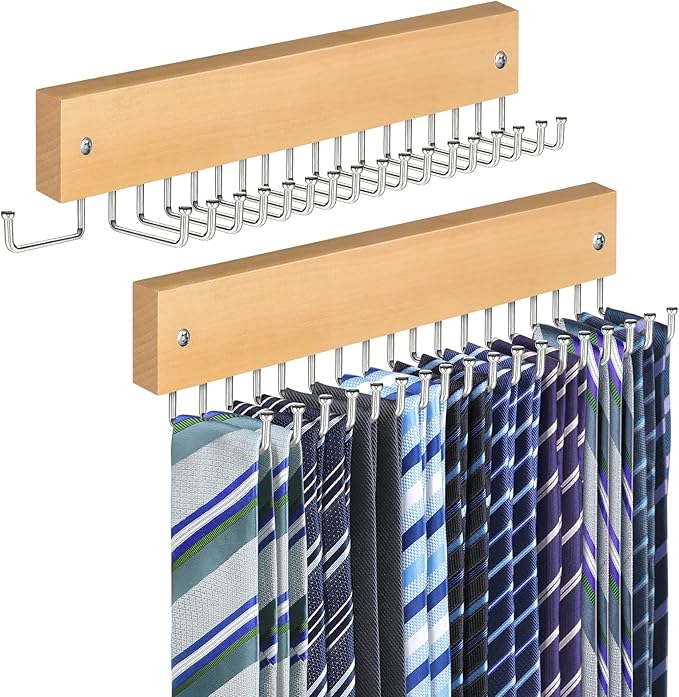 Tie Rack Belt Hanger Wall Mounted, Lomrsiul Non Slip 180 Degree Rotating Tie Organizer for Men Closet with 18 Hooks Closet Organizers and Storage for Tie Belt Necklace Purse Scarf Bag Natural 2 Pack