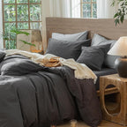 MooMee Wavy Striped Duvet Cover Set 100% Washed Cotton Linen Like Textured Breathable Durable Soft Comfy (Charocal Grey, Palatial King/Oversized King 120"x98")