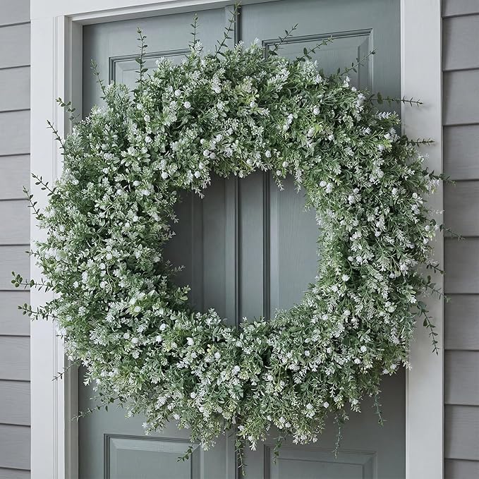 32'' Large Eucalyptus Wreath for Front Door, Porch- Artificial Eucalyptus and Lavender with Babys Breath Flowers Wreath for Home, Farmhouse Wall Decor- Spring, Summer, Fall, All Seasons (White-Green)