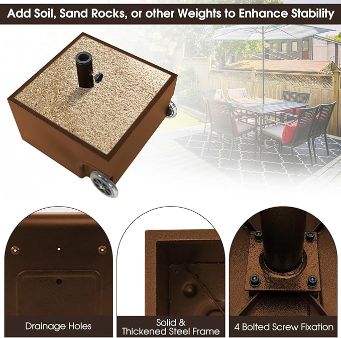 Giantex 170lbs Filled Umbrella Base with Wheels, Heavy Duty Umbrella Stand with Fillable Planter, Drainage Holes, Outdoor Market Umbrella Holder for Patio Garden Deck Pool (Brown)