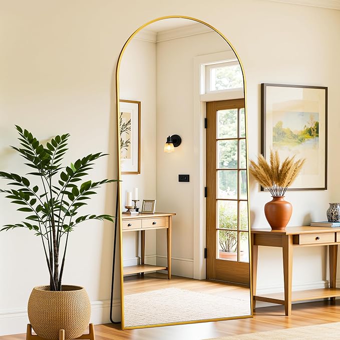 Full Length Mirror, 76"x34" Oversized Floor Mirror Freestanding, Full Body Mirror Floor Standing Mirrors with Stand, Hanging Mounted Mirrors for Bedroom Living Room, Gold, Arched Style