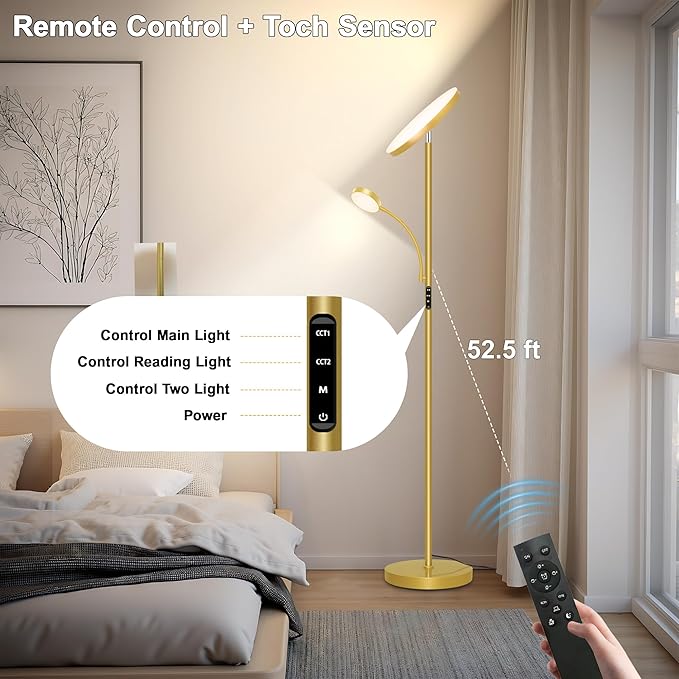 Gold Floor Lamps for Living Room,42W/4200LM Super Bright Floor Lamp with Reading Light,69'' Tall Standing Lamp with Remote & Touch Control, Modern Torchiere Floor Lamp for Bedroom,Office