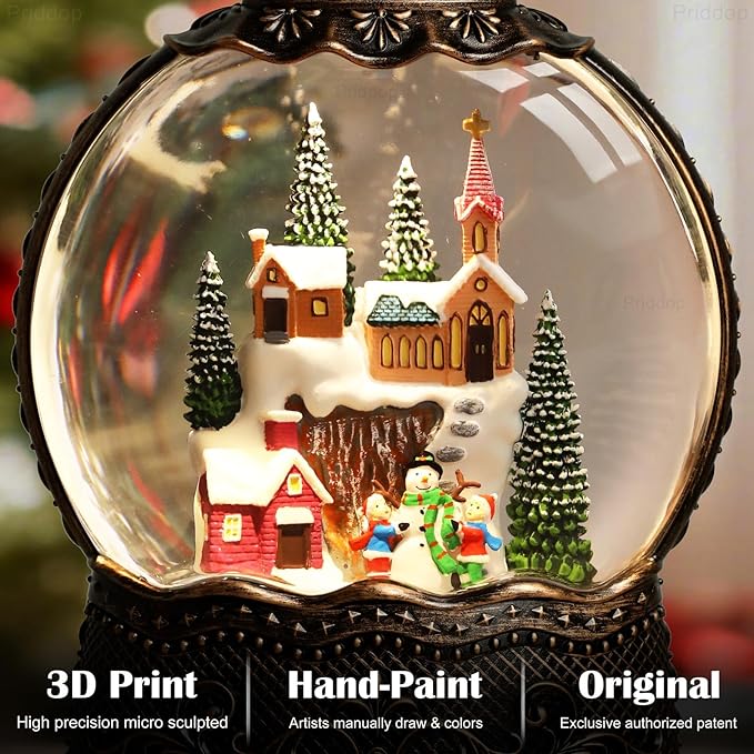 Village Snow Globe Christmas Decorations Indoor Church Snowman Snow Village Scene Gifts Classic Relief Texture Musical Glitter Snowfall USB/Battery Timer Lantern 10.6 inch