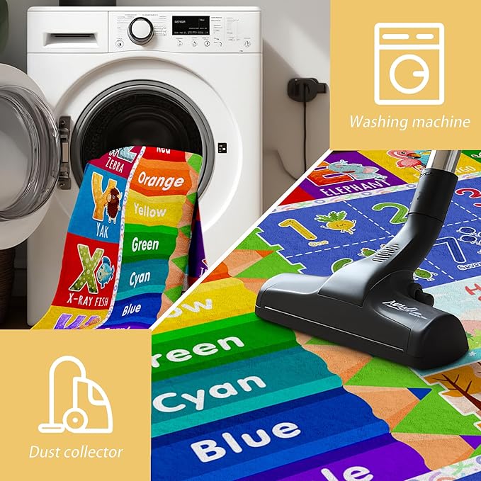 Kids Classroom & Playroom Rug - ABC Alphabet Educational Area Rug with Animals Colors & Numbers - Washable Non-Slip Carpet Playmat for Nursery Preschool & Reading Area 6x9 Feet