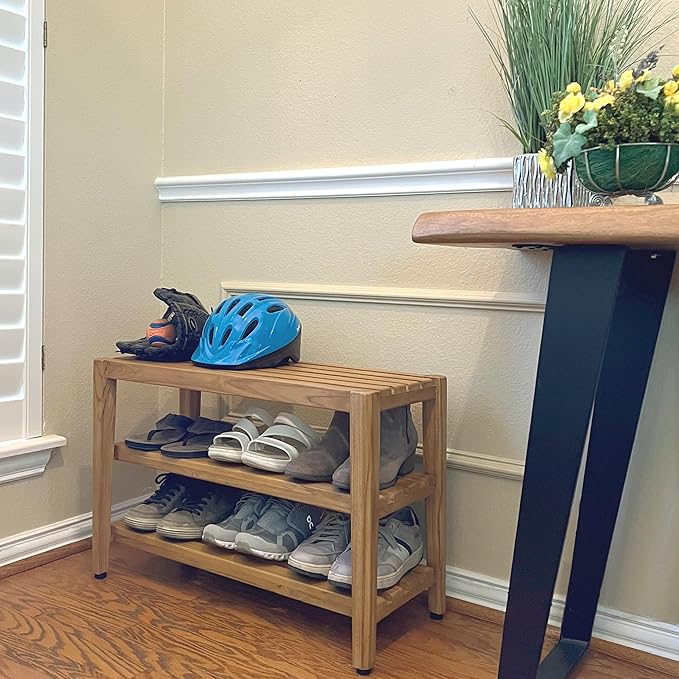 Asta Select Solid Teak 27" Shoe Rack Bench, Teak Entryway Bench, 3-Tier Shoe Storage Organizer, for Entryway, Bedroom, Bathroom and Garden, Fully Assembled, TF-91