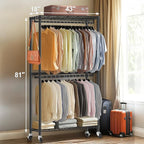 Heavy Duty Clothes Rack with Wheels, 43"W x 18"D x 81"H Rolling Garment Rack, 800 lb Capacity, 3-Tier Adjustable Shelves, Double Hanging Rods, 6 Hooks, Portable Closet Organizer, Tool-Free Assembly