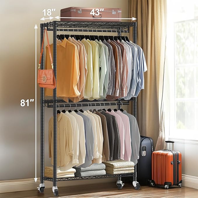 Heavy Duty Clothes Rack with Wheels, 43"W x 18"D x 81"H Rolling Garment Rack, 800 lb Capacity, 3-Tier Adjustable Shelves, Double Hanging Rods, 6 Hooks, Portable Closet Organizer, Tool-Free Assembly