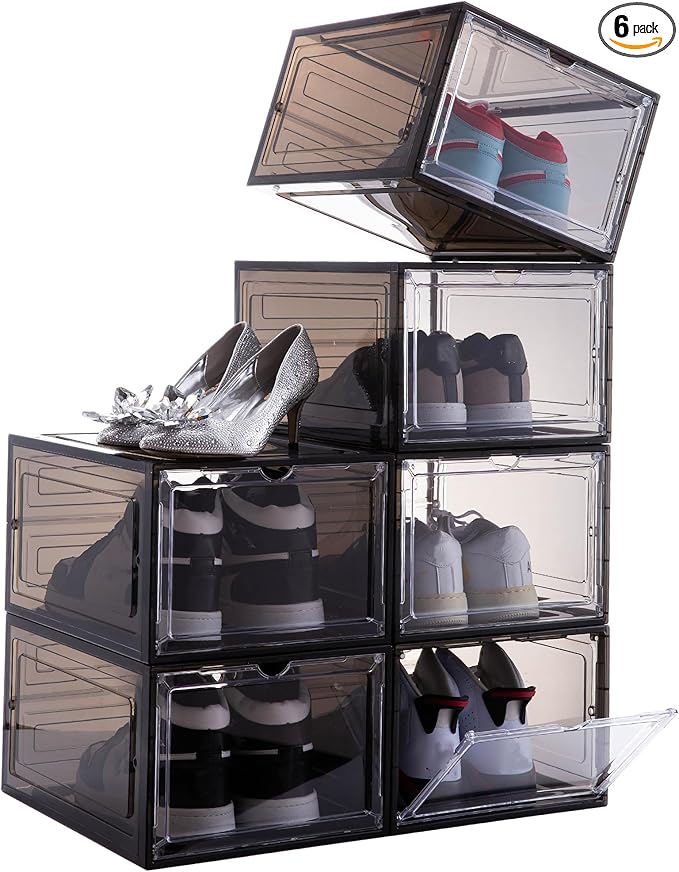 Attelite Shoe Box,Set of 6,Stackable Plastic Clear Shoe Box Organizer with Magnetic Door,Shoe Storage Box Thicken Sturdy,Easy Assembly,Fit up to US Size 12,Black
