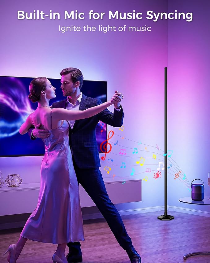 Corner LED RGB Floor Lamp, Smart Dimmable Corner Light with Music Sync, Color Changing Ambient Lighting with App and Remote Control, for Bedroom, Living Room Gaming Room