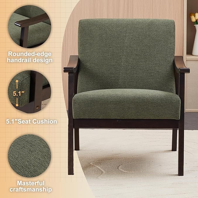 KEIKI Mid-Century Modern Accent Chair with Solid Wood Frame, Wingback Reading Chair for Bedroom and Relaxed Seating
