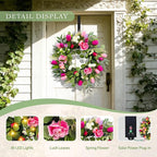Solar Spring Wreath for Front Door 24inch 50LED Pre-lit Wreaths Spring Summer Decorations Tulips Wreath with Colorful Flowers for Outside Home Decor Festival Farmhouse Decor(2403)