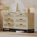 Mericonia 6 Drawer Double Dresser for Bedroom, Rattan Chest of Drawers, Modern Wooden Dresser Chest with Metal Frame for Bedroom, Living Room, Hallway and Entryway, Oak