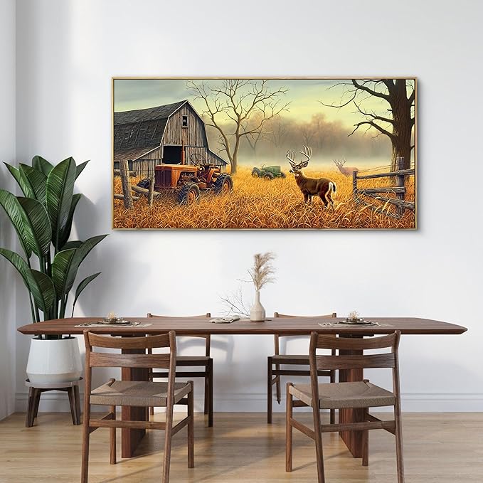 XLSJERST Large Deer Wall Art for Living Room Canvas Prints Decor Decoration Country Tractor Rustic Wildlife Cabin Hunting Picture Glass Surface Artwork Ready to Hang for Bedroom Home Office 24x48