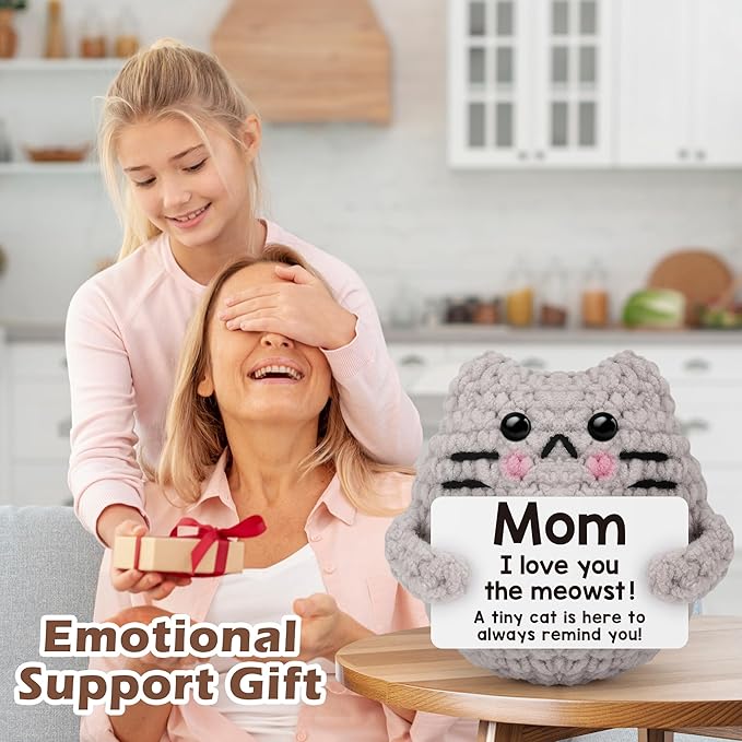 Mothers Day Birthday Gifts for Mom Grandma Godmom Positive Cat Crochet for Mom Grandma Aunt Godmother, Emotional Support Crochet Small Birthday Gifts