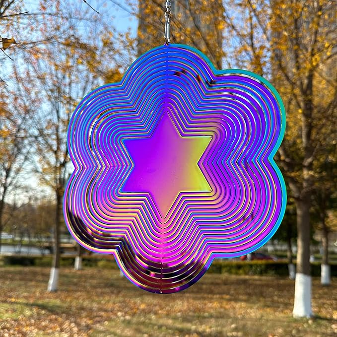 Wind Spinner Outdoor Metal 3D Wind Spinner Hanging Yard Garden Decor Gifts Stainless Steel Six-Pointed Star Spinners with 360° Rotating Hook