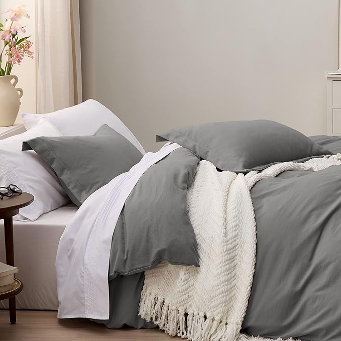 Bedsure Dark Grey Oversized Queen Duvet Cover - 3 Pieces Prewashed Cotton-Like Polyester Extra Soft Bedding Set, Includes 1 Duvet Cover 98x98 Inches with Zipper Closure & 2 Pillow Shams, No Comforter