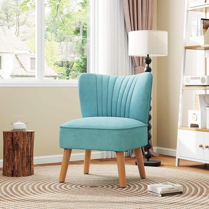 KOMFOTT Velvet Accent Chair, Modern Armless Sofa Chair with Solid Rubber Wood Legs, Wingback Leisure Chair with Thick Cushion, Upholstered Side Chair for Living Room, Bedroom, Turquoise