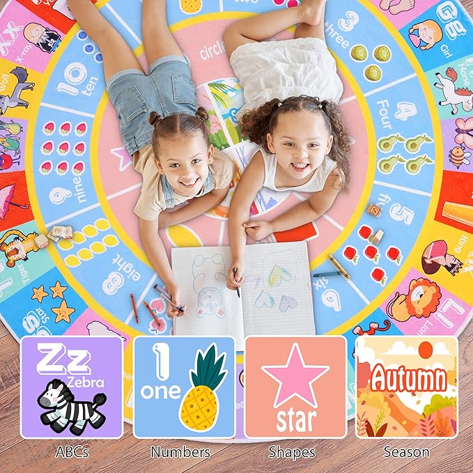 Kids Rugs for Playroom - Soft & Non-Slip 6x6 Feet Round Educational Rug for Learning ABC Alphabet, Numbers, Shapes & Season, Washable Classroom Rug for Toddler Nursery & Kids Room Decor