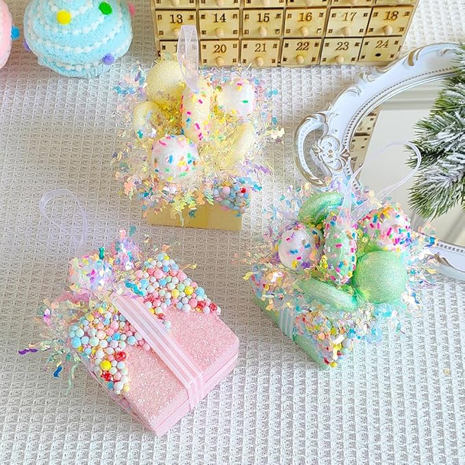 Christmas tree gift box ornament set,3 Pieces Macaron Color Candy Gift Hanging Ornaments for Christmas, New Year, Easter, Birthday (PINK GREEN YELLOW)