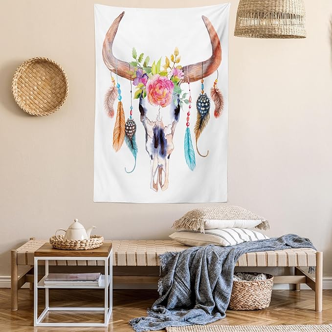 Ambesonne Feather Tapestry, Watercolor Style Bull Skull Ornaments Vibrant Image, Wall Hanging for Bedroom Living Room Dorm Decor, 40" X 60", White Brown