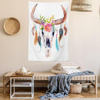 Ambesonne Feather Tapestry, Watercolor Style Bull Skull Ornaments Vibrant Image, Wall Hanging for Bedroom Living Room Dorm Decor, 40" X 60", White Brown