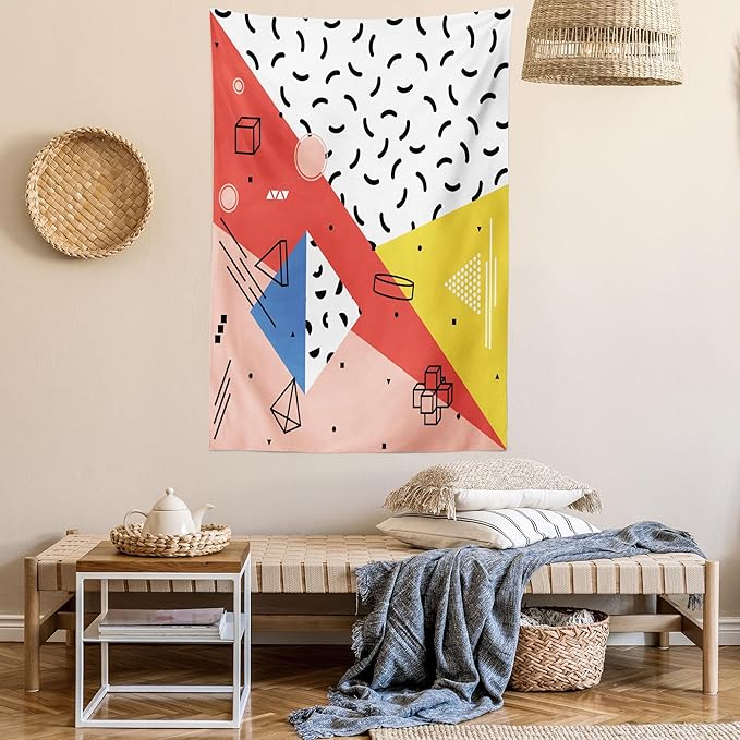 Ambesonne Abstract Tapestry Queen Size, Modern Geometric Trippy Triangles Cubes Circles Rollers Dots Print, Wall Hanging Bedspread Bed Cover Wall Decor, 88" X 88", Coral Pink