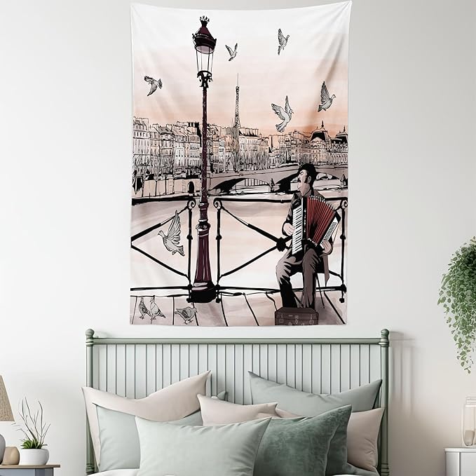 Ambesonne Music Tapestry, Accordionist Playing Paris Street Urban European Famous City Panorama Graphic Scene, Wall Hanging for Bedroom Living Room Dorm Decor, 60" X 80", Peach Brown