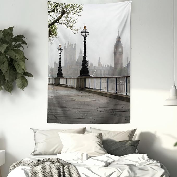 Ambesonne London Tapestry, Big Ben View from the Street Palace of Westminster Touristic Britain, Fabric Wall Hanging Decor for Bedroom Living Room Dorm, 23" X 28", Off White Brown
