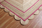 Scalloped Edge Rug, Hand Woven Natural Jute Area Rug, 7x10 Ft Beige & Pink Braided Sisal Kilim Rugs for Living Room, Kitchen, Entryway, Farmhouse