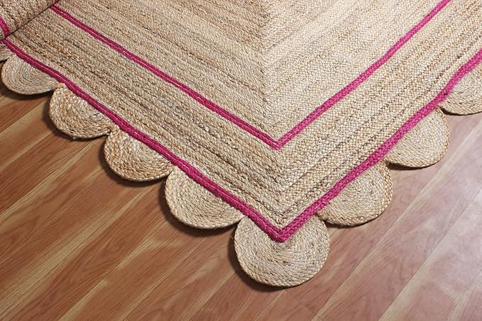 Scalloped Edge Rug, Hand Woven Natural Jute Area Rug, 8x10 Ft Beige & Pink Braided Sisal Kilim Rugs for Living Room, Kitchen, Entryway, Farmhouse