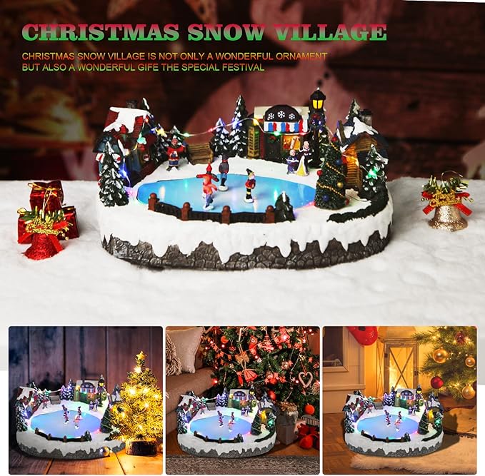 Christmas Village House Collectible Building Christmas Decor Estatua de la cabaña del Pueblo navideño Home Decoration Snow Globe Display Skating Pond Animated Theme Park with 8 Music (L)