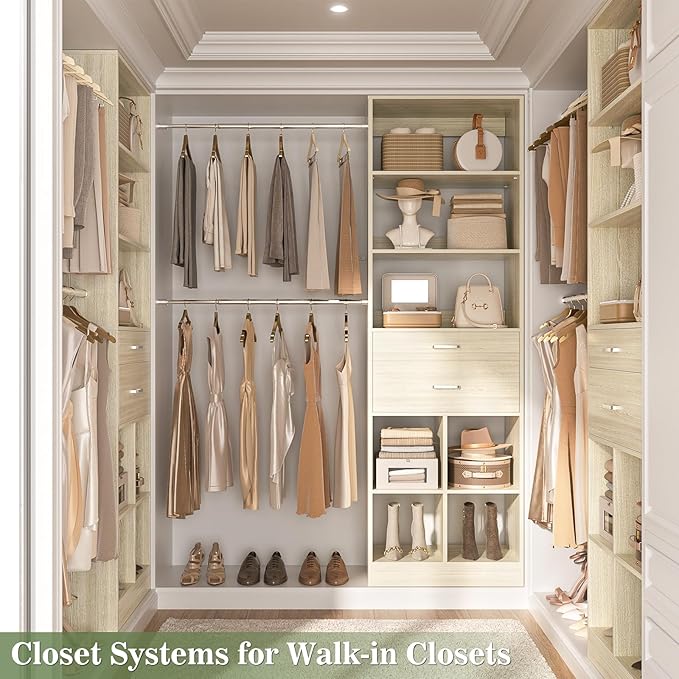 Closet System, 4-8 FT Closet Organizer Systems with 2 Wooden Drawers and 5 Hanging Rods, Can Fit 60 to 96 inch Walk-in Closet System, Greige Oak