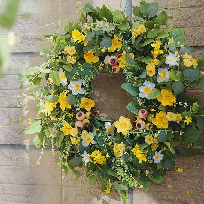 Spring Summer Wreath for Front Door, 23 inch Artificial Floral Wreaths with Green Leaves Daisy Realistic Berry Narcissus for Porch Patio Garden, Indoor Outdoor door Wall Decor Party Holiday Decoration