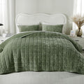 Oversized King Greek Velvet Quilt Set, 3× Softer Luxe Sheen, 100% Cotton Backing, 150GSM Down-Alternative Fill, Extra-Wide 112×106" Hotel-Style Luxury Coverage (1 Quilt + 2 Pillow Shams), Loden Green