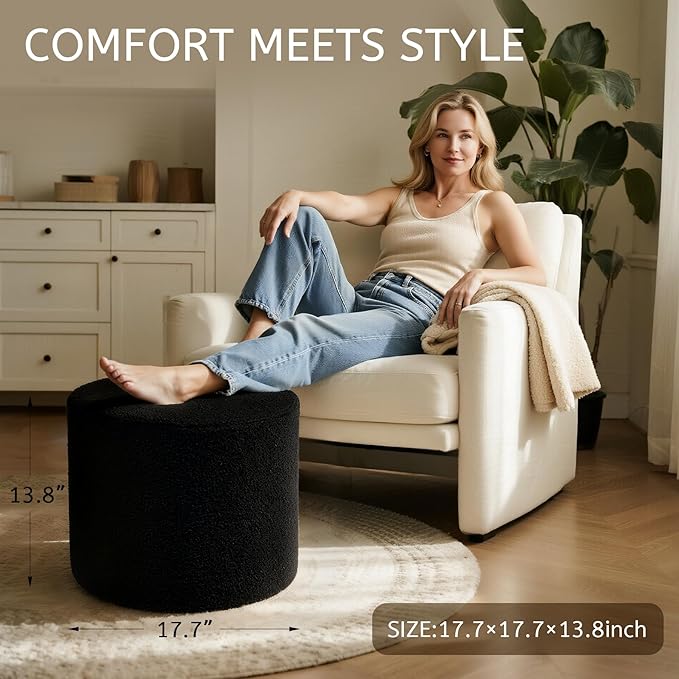 Round Boucle Pouf Ottoman Footrest – Soft & Lightweight Footstool with Full Foam Filling for Living Room, Bedroom