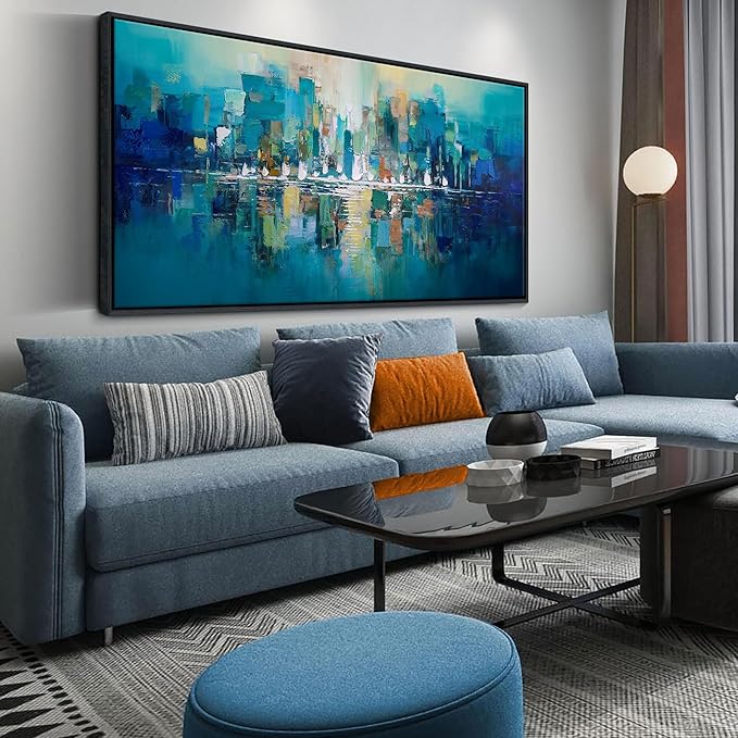 Large City view Painting Wall Art Abstract Picture for Living Room green and Yellow Home Bedroom Decoration Modem Wall Art Framed Artwork Decor 29x58